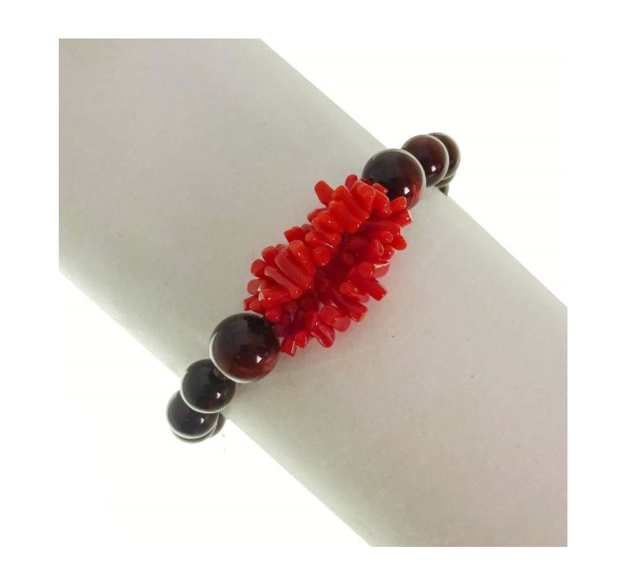 Bracciale ALOHA Occhio di tigre e Corallo rosso , Rajola Gioielli