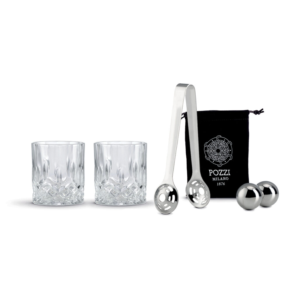 Set cocktail con 2 bicchieri whisky, sfere e pinza