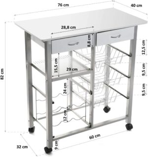 Carrello da cucina in metallo, piano in legno bianco