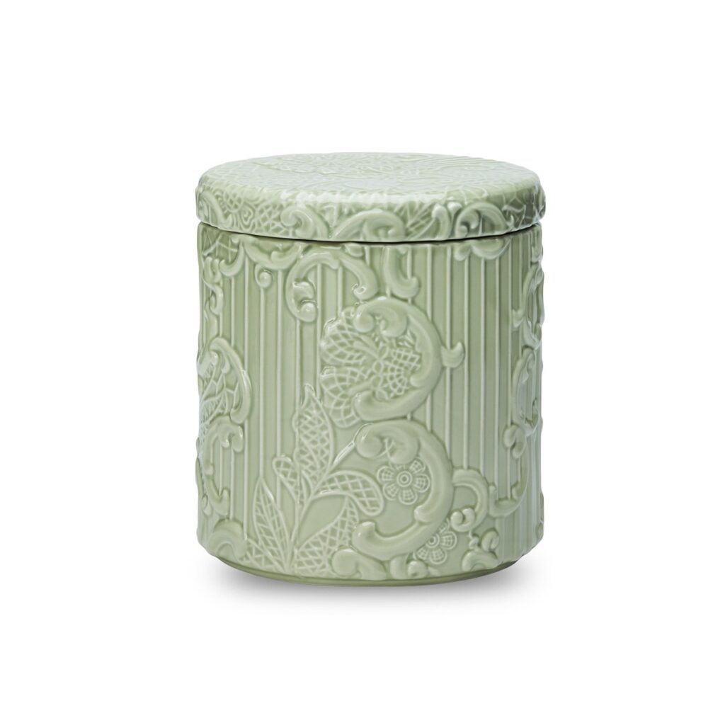 Scatola rotonda in ceramica H.18 cm, Collezione DENTELLE Color CELADON